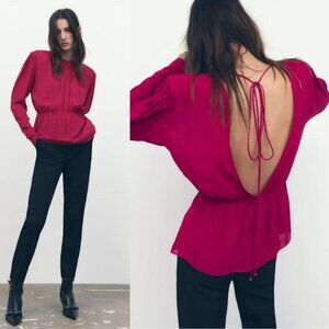 NWOT Zara Women's Fuchsia  Open Back Long Sleeve Blouse S | 8694/573
